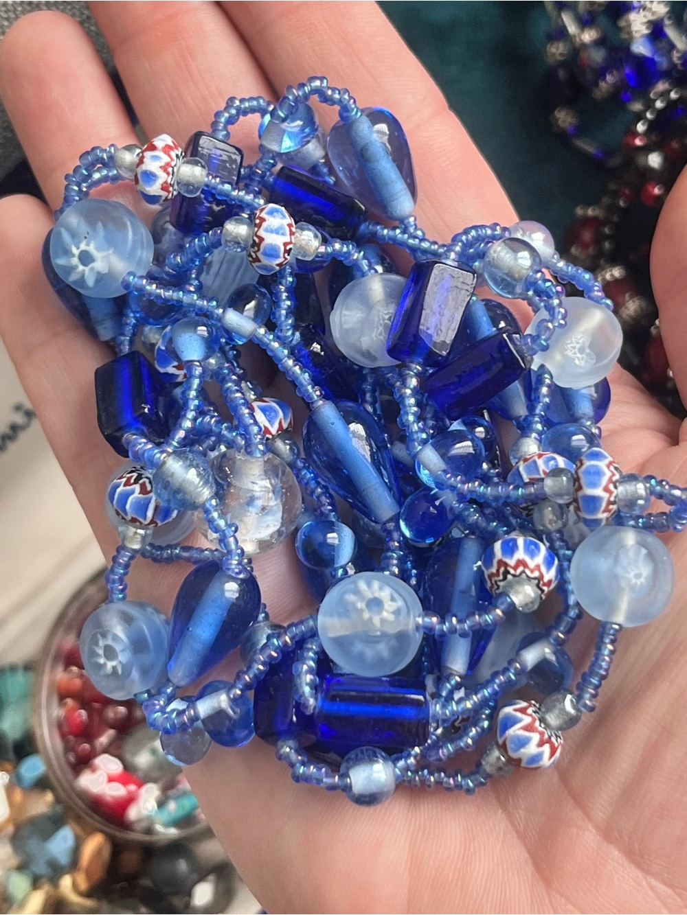 Blue Glass Bead Multi-Strand Necklace Murano Glass 24” Cobalt